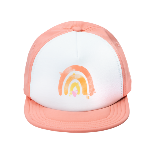 Peach pink coral reef with heart UPF 50 women's sun hat with secure chin strap