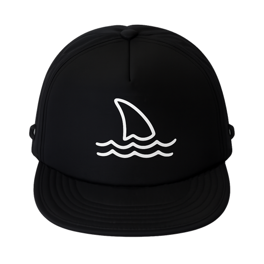 Designed for children soft nylon trucker sun protection hat with white shark fin logo and secure chin strap